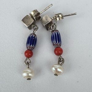 Antique Venetian Chevron Beads Coral Pearl Sterling Silver Earrings